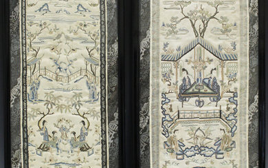 Two pairs of Chinese silk embroidered sleeve panels, early 20th century, each worked in coloured thr