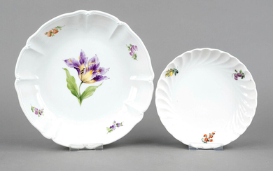 Two round bowls, Nymphenburg, marks 1925-1975, polychrome floral painting, 1 bowl, form Cumberland