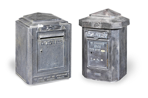 Two similar early 20th century French polished cast metal wall mounted post boxes