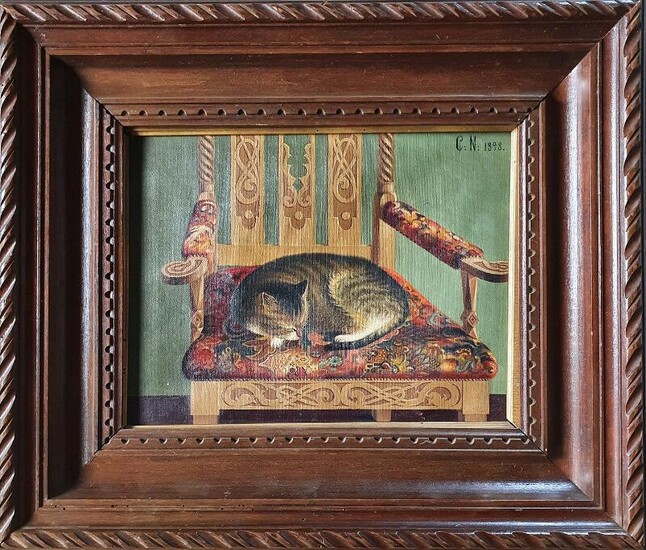 SOLD. Ubekendt maler: A cat on a chair. Signed monogram C N 1898. Oil on canvas. Visibel size 22.5 × 29.5. Frame size 41 × 48 cm. – Bruun Rasmussen Auctioneers of Fine Art