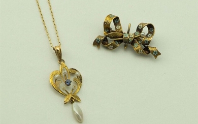 VINTAGE 14K BOW PIN AND PEARL PENDANT