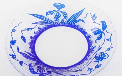 Val St. Lambert Blue Acid Etched "Orchidee" Plate
