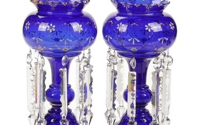 Victorian Cobalt Hand-Painted Glass Mantle Lusters, Mid to Late 19th Century