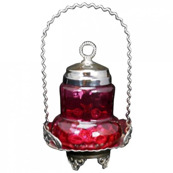 Victorian Cranberry Glass Silver Plate Pickle Caster