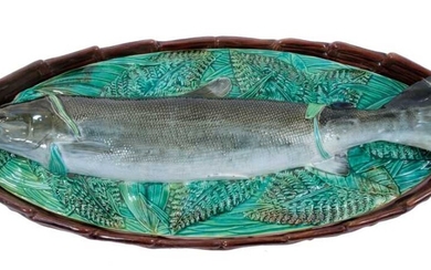 Victorian George Jones majolica Trout dish and cover