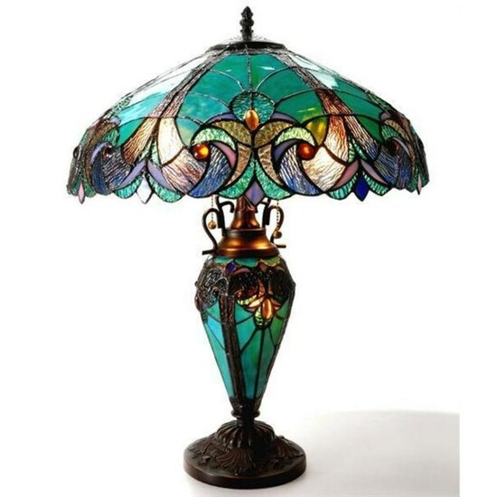 Victorian Style Stained Art Glass Double Lit Table Lamp