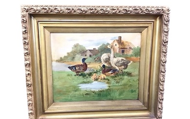 Victorian oil on canvas, geese, ducks and ducklings by a...
