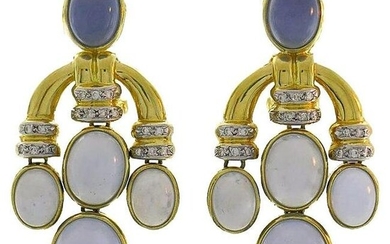 Vintage 18k Gold Earrings Chalcedony Diamond Signed FP