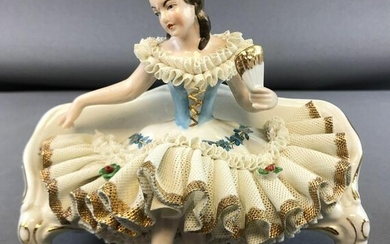Vintage Dresden Lace porcelain figurine girl with fan