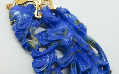 Vintage Lg Carved Lapis Lazuli 14k Yellow Gold Pendant