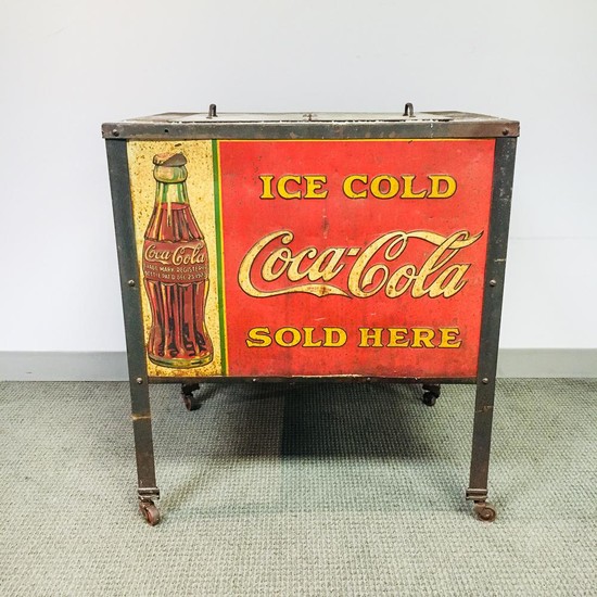 Vintage Lithographed Tin Coca-Cola Cooler, ht. 34, wd. 29, dp. 22 in.