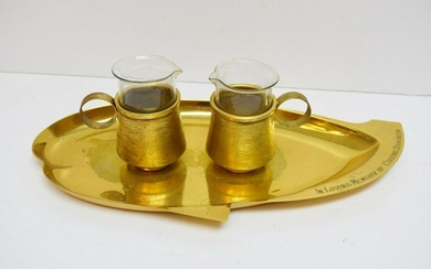 Vintage Pair of 3 1/2" Glass & Brass Cruets with Tray +