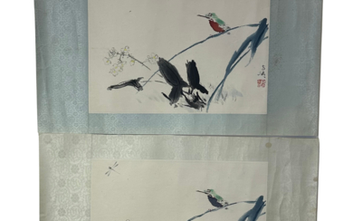 王雪涛 彩墨印画 鸟蜻蜓 WANG XUETAO TWO PIECES OF PRINTS OF CHINESE INK AND COLOR PAINTINGS
