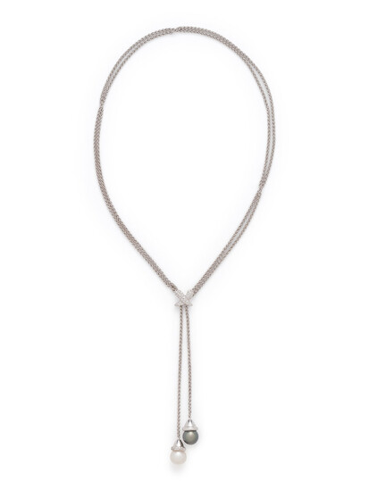 WHITE GOLD, CULTURED PEARL AND DIAMOND LARIAT NECKLACE