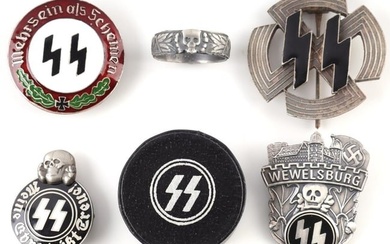 WWII GERMAN SS HONOR RING & 4 BADGES LOT OF 5