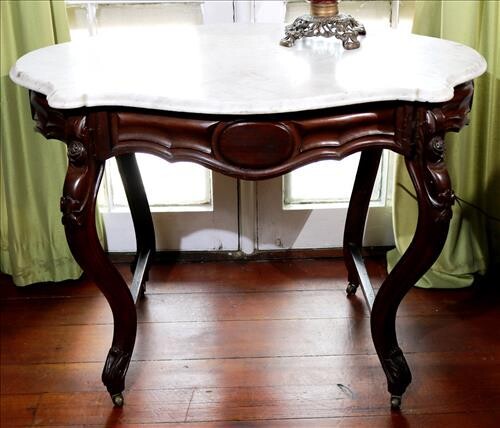 Walnut Victorian white marble top center table