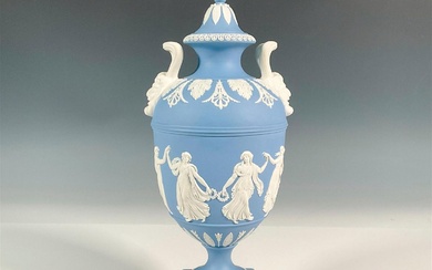 Wedgwood Blue Jasperware Covered Urn, Dancing Hours
