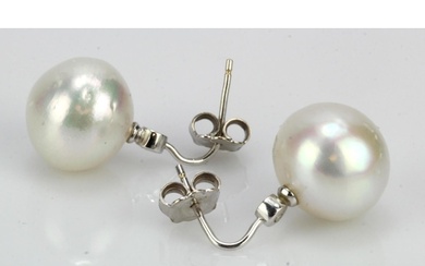 White gold (tests 18ct) diamond and pearl drop earrings, TDW...