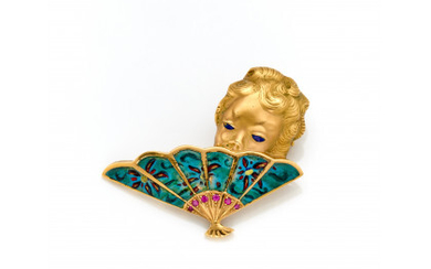 Yellow gold and enamel brooch shaped in the form of a lady with a fan, g 9.01 circa, width cm...