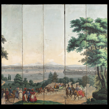 Zuber & Cie (attributed) France, 19th century "View of North America" papier peint five-panel screen (cm 235x220) (defects and losses)