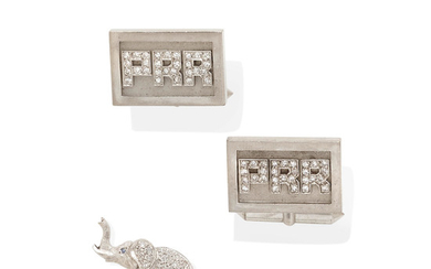 a pair of diamond monogram cufflinks and elephant tie pin