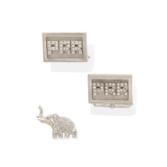 a pair of diamond monogram cufflinks and elephant tie pin