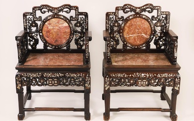 iGavel Auctions: Pair of Chinese Mother of Pearl Inlaid Hardwood and Marble Armchairs, late Qing dynasty ASH1
