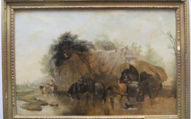 large Georgian oil on canvas "Crossing the ford", circle...