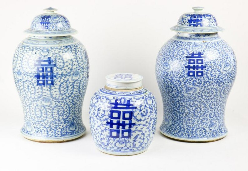 (lot of 3) Three Blue and White " Marriage" ginger Jars