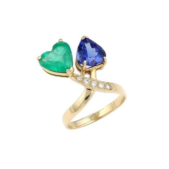Heart Shaped Emerald & Tanzanite Crossover Ring