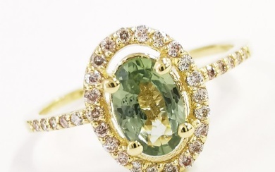 0.72 ct green sapphire & 0.24 ct vs light pink diamonds designer halo ring - 14 kt. Yellow gold - Ring Sapphire - Diamonds, AIG Certified No Reserve