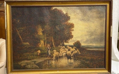 1 Oil on Canvas Shepherdess and her flock...