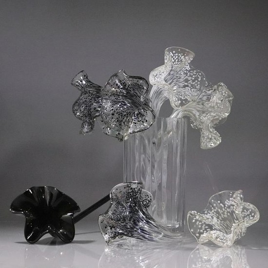 10 Glass Flower Form Stems and Crystal Glass Vase