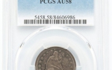1863 Seated Liberty Quarter, PCGS AU58, with neon blue toning to the devices.