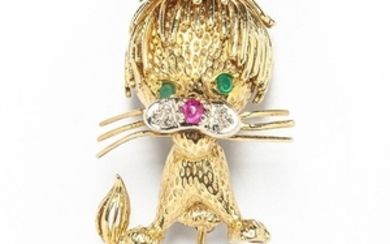 18kt Gold, Emerald, Ruby, and Diamond Lion Brooch