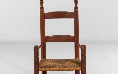 Red-painted Slat-back Child's Armchair, probably Connecticut, 18th century, rounded finials and two slats above a rush seat, ht. 23, s