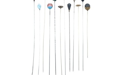 12 Assorted Vintage HAT PINS Art Deco, Murano, Cameo, Rhinestones 6 in. to 13 in. lengths