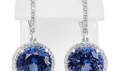 13.18 Carat Tanzanite and 0.75 Ct Diamonds - 18 kt. White gold - Earrings - NO RESERVE