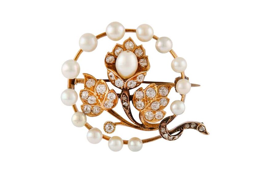 A pearl and diamond brooch, circa 1900 Designed as...