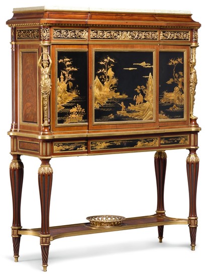 135 A LOUIS XVI STYLE GILT-BRONZE MOUNTED MAHOGANY LACQUER CABINET ON STAND AFTER WEISWEILER, BY MAISON KRIEGER, PARIS LATE 19TH CENTURY/EARLY 20TH CENTURY