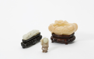 A Chinese soapstone brush washer, a jade belt hook and a jade figure of a boy