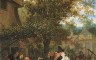Cornelis Dusart (Haarlem 1660-1704), A fiddler and peasants drinking and carousing outside a village inn