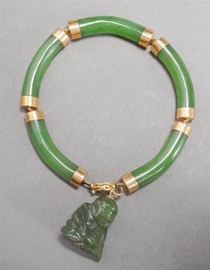 14-Karat Yellow-Gold and Spinach Jade Bracelet with a Gold Mounted Carved Green Hardstone Buddha Charm, L: 7-5/8 in