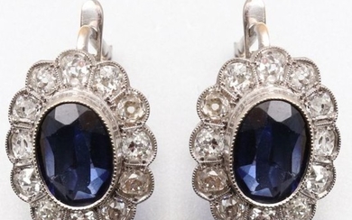 14 kt. White gold - Exclusieve Antique Earrings ca. 1920/'30 - 3.00 ct natural blue Sapphires - and 1.5ct. to 1.8ct Old European cut diamonds G/VS1
