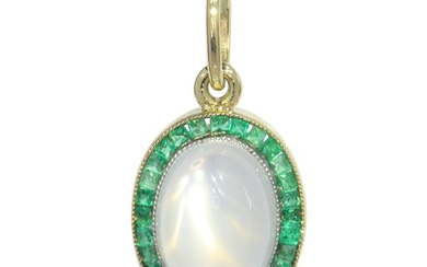 14 kt. Yellow gold - Pendant Emerald - Moonstone, Vintage 1930's Art Deco