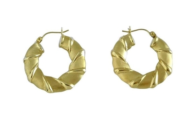 14K GOLD WIDE RIBBED SATIN FINISH HOOP EARRINGS 1.25 In