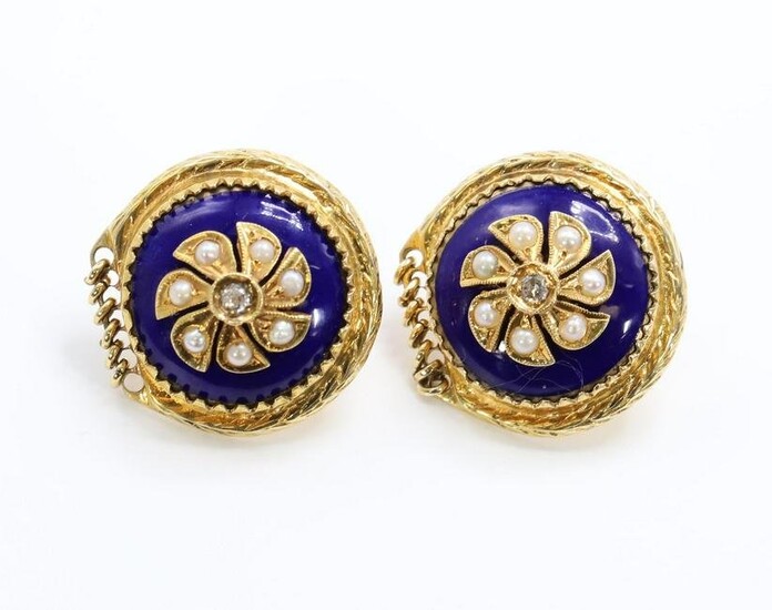 14KY Gold Diamond, Pearl, Enamel Earrings