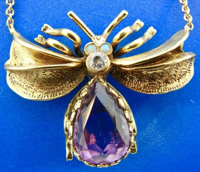 14k Bug Insect Fly Necklace with Amethyst, Opal &