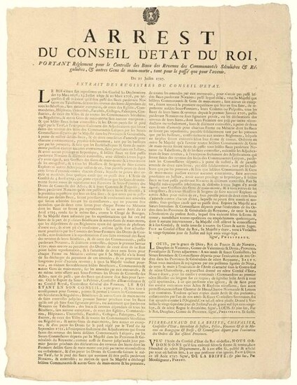 1727. BURGUNDY & BRUSSELS. "Arrest of the Council of State of the KING, enacting Regulations for the Control of Leases and Revenues of the SECULAR & REGULAR COMMUNITIES, & other People of MAIN-DOOR, both past and future." Given at VERSAILLES (78) on...