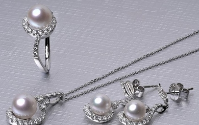 18 kt. Akoya pearls, White gold - Earrings, Necklace, Pendant Diamond